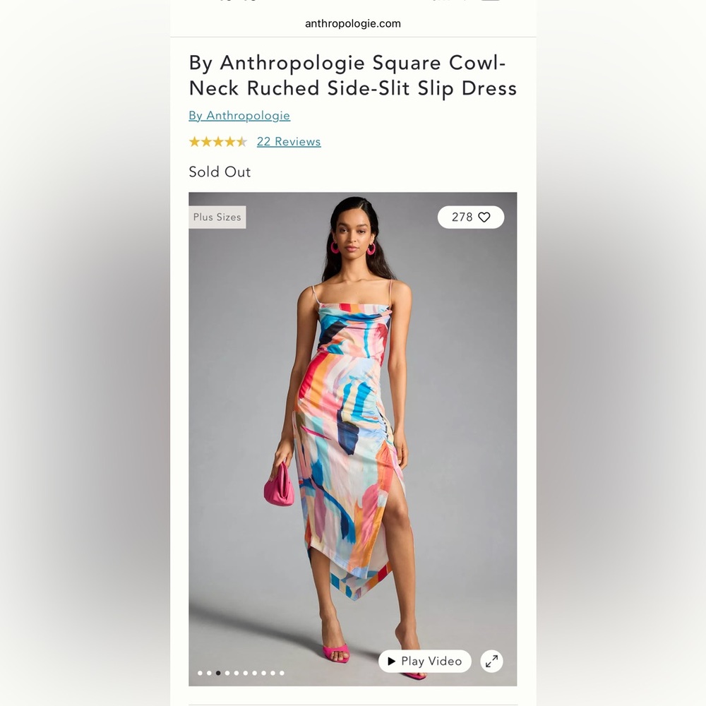 By Anthropologie Square Cowl-Neck Ruched Side-Slit Slip Dress